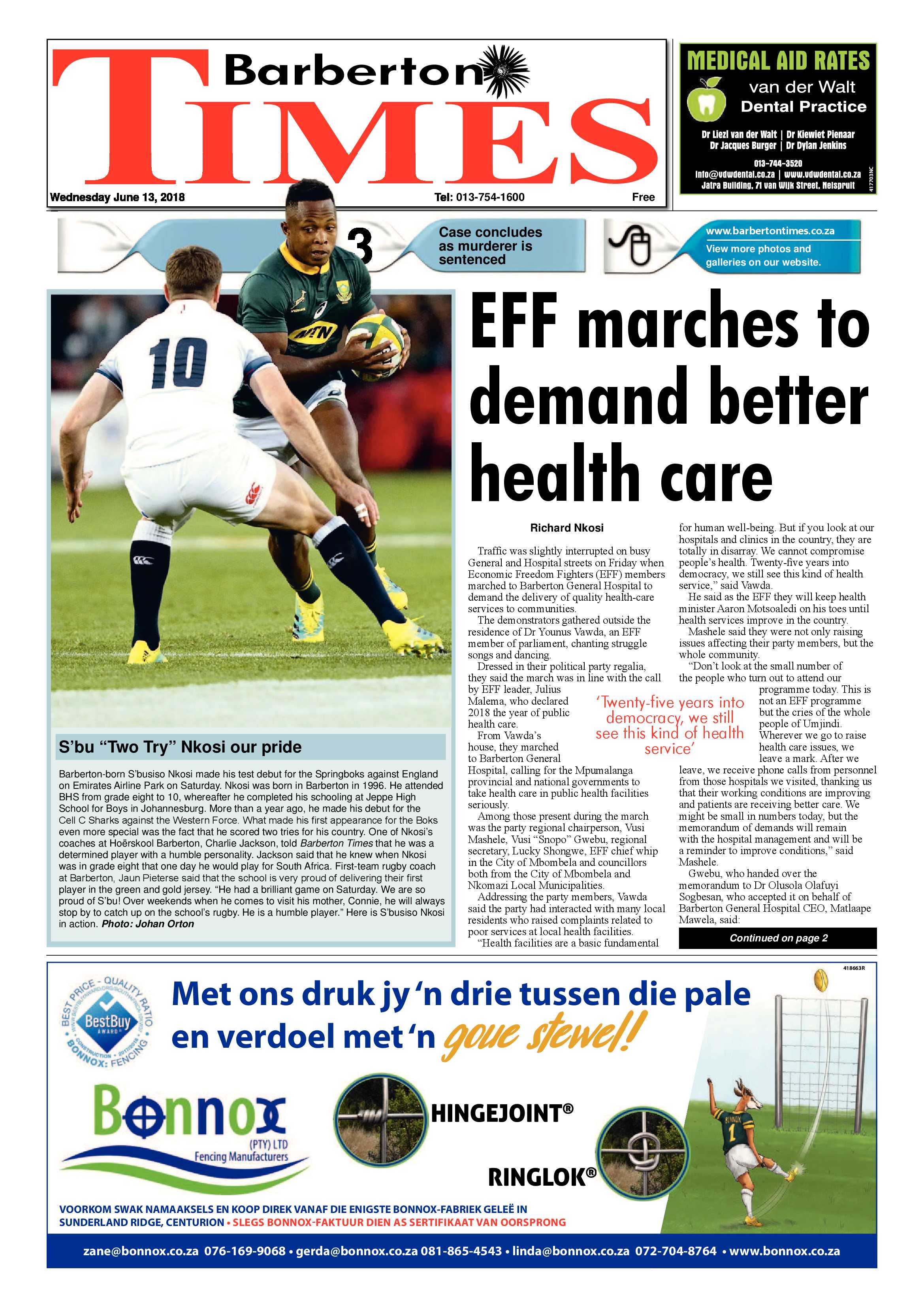 Barberton Times 13 June 2018 page 1