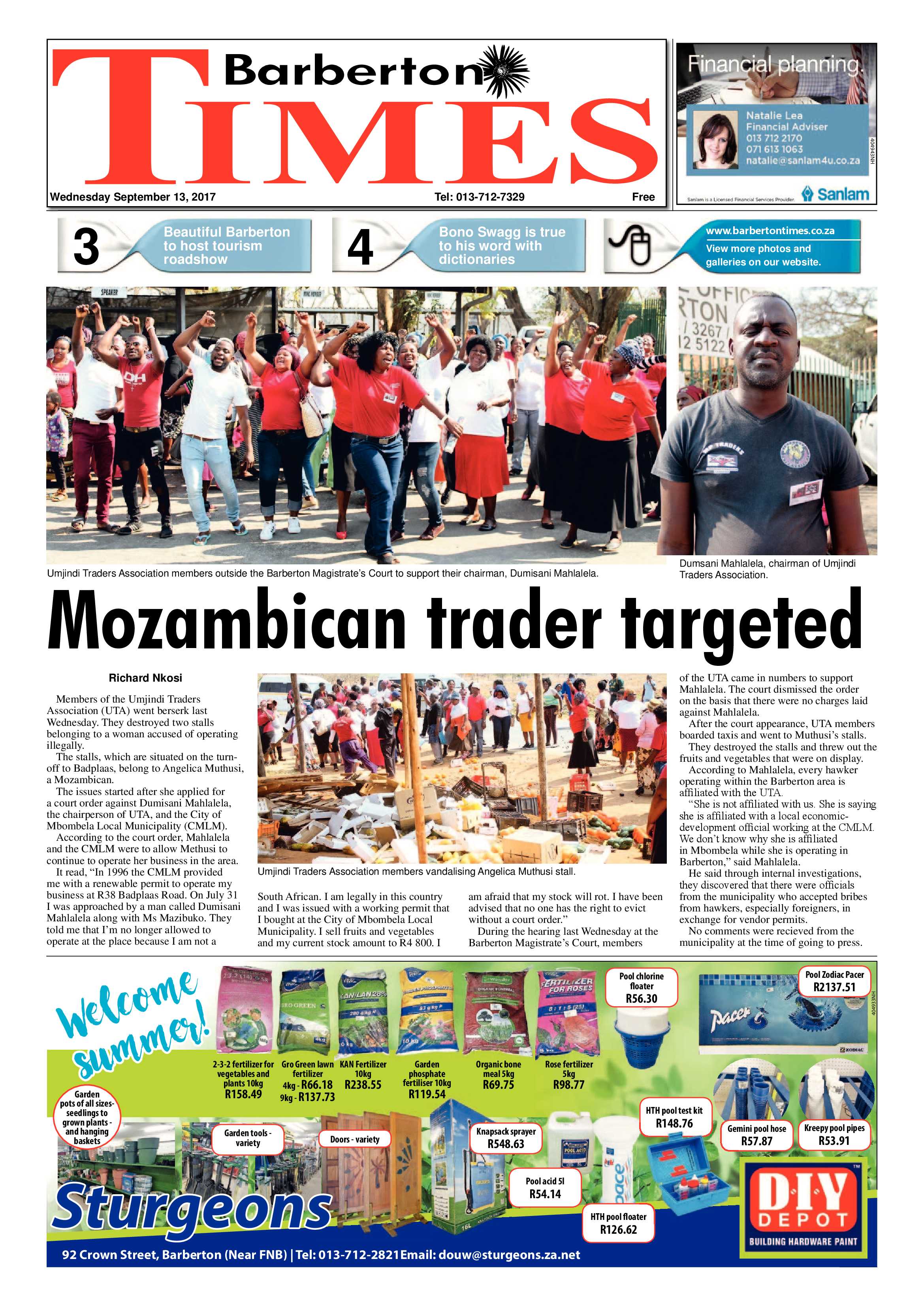 Barberton Times 13 September 2017 page 1