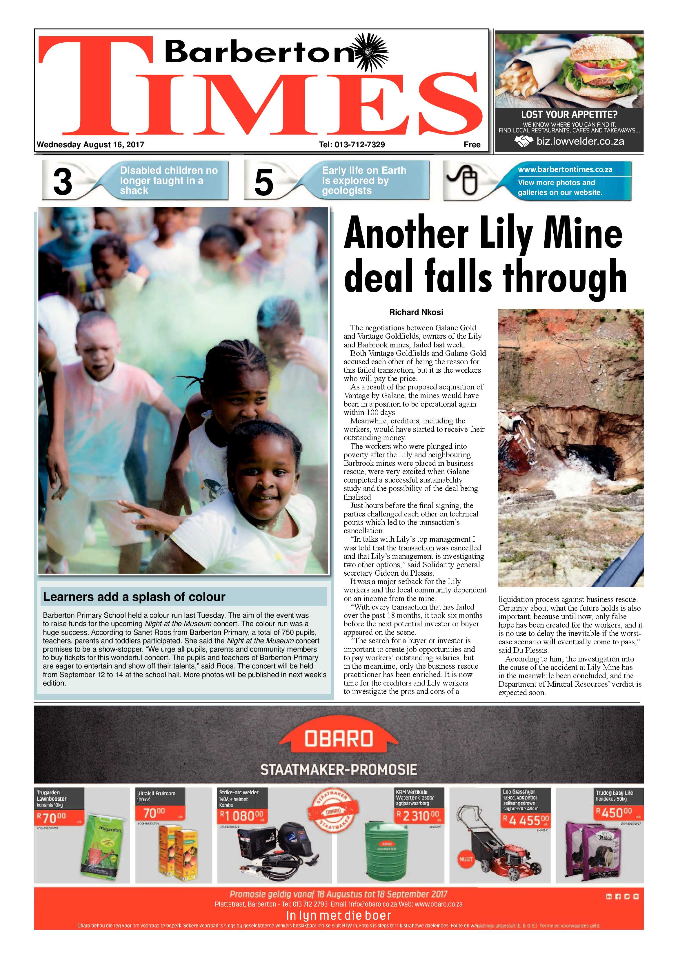 Barberton Times 16 August 2017 page 1
