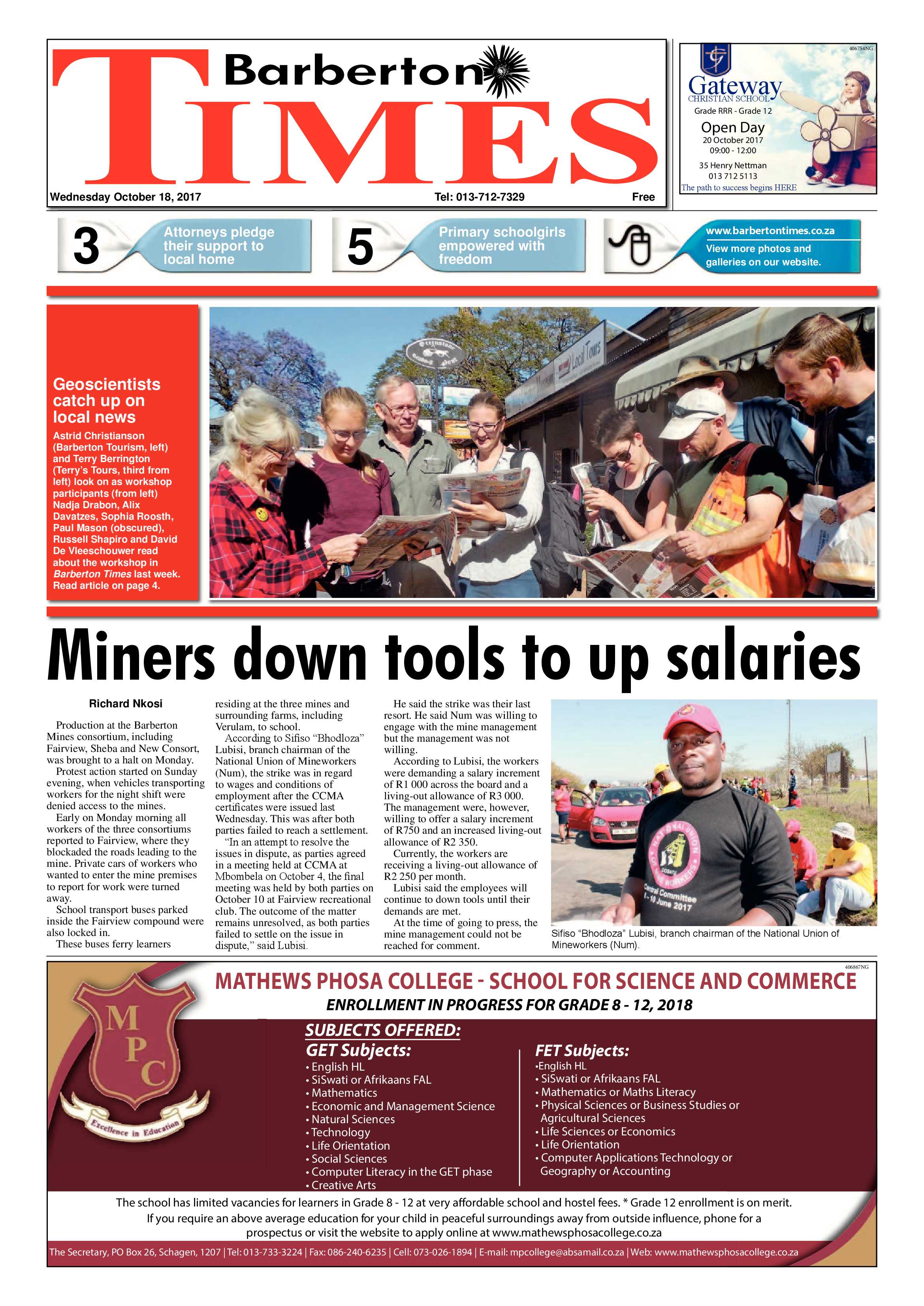 Barberton Times 18 October 2017 page 1