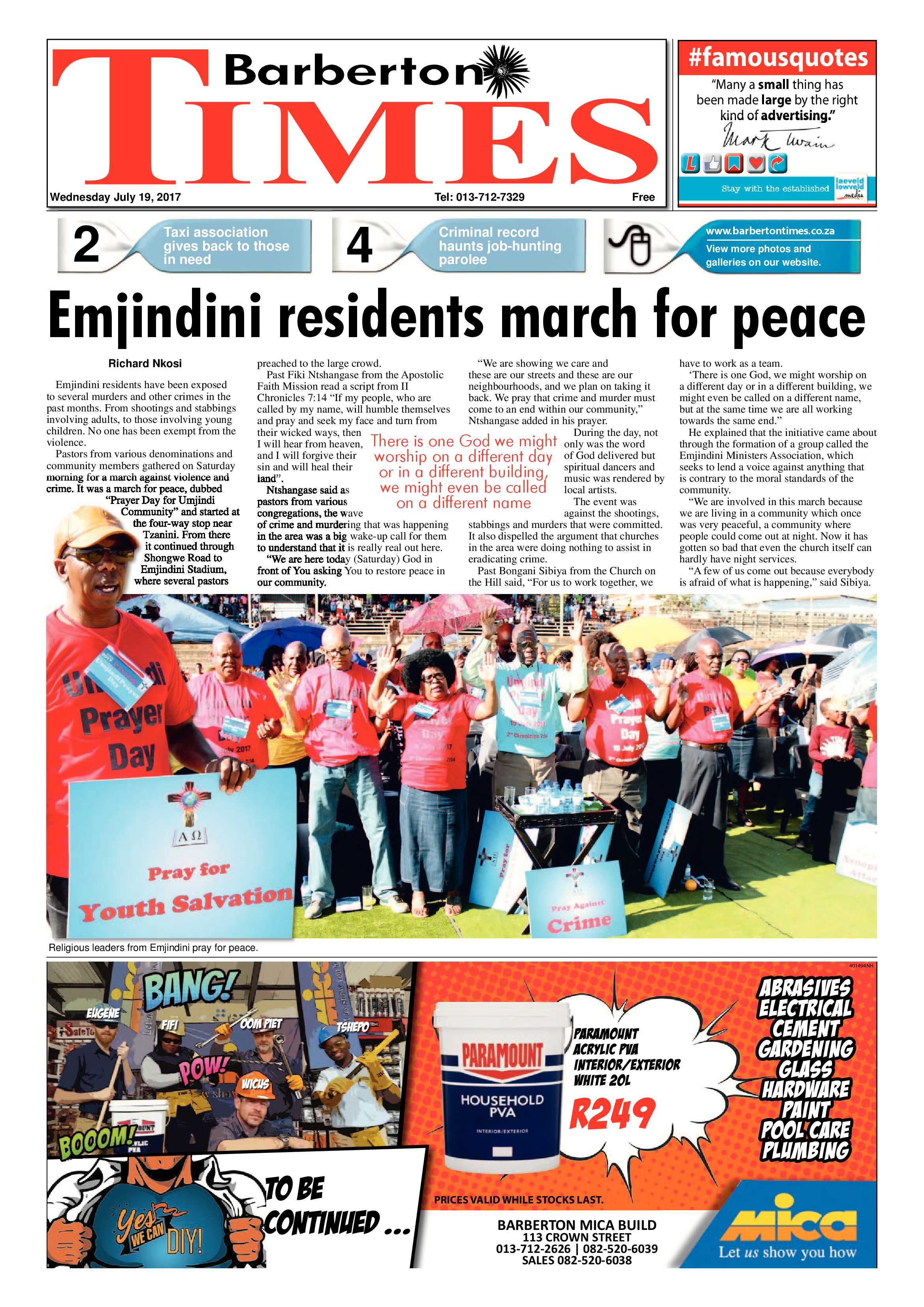 Barberton Times 19 July 2017 page 1