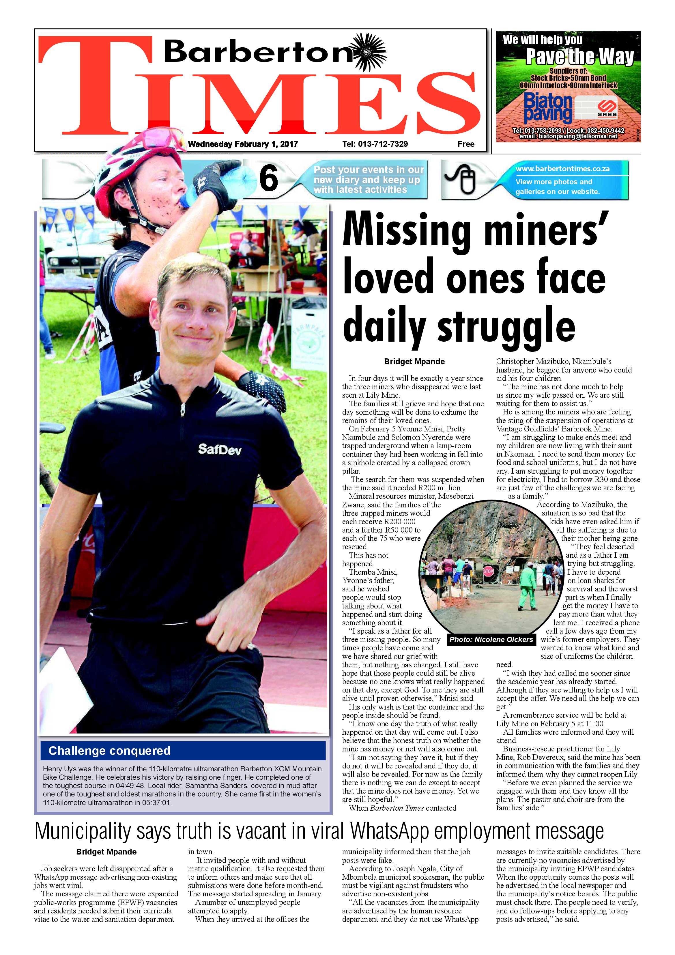Barberton Times 1 February 2017 page 1