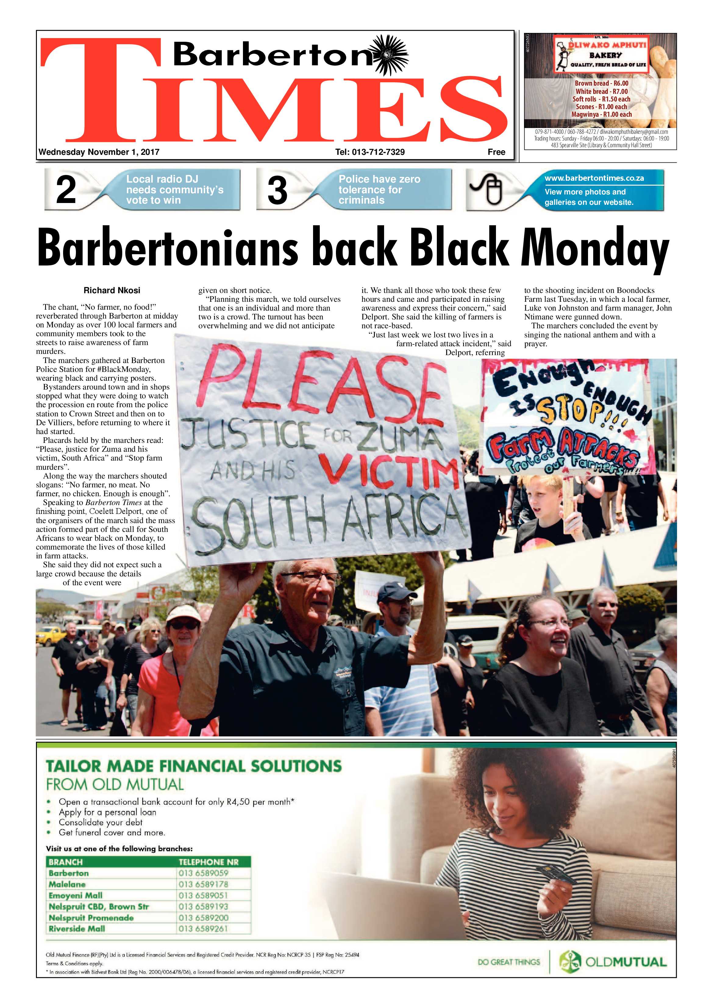 Barberton Times 1 November 2017 page 1