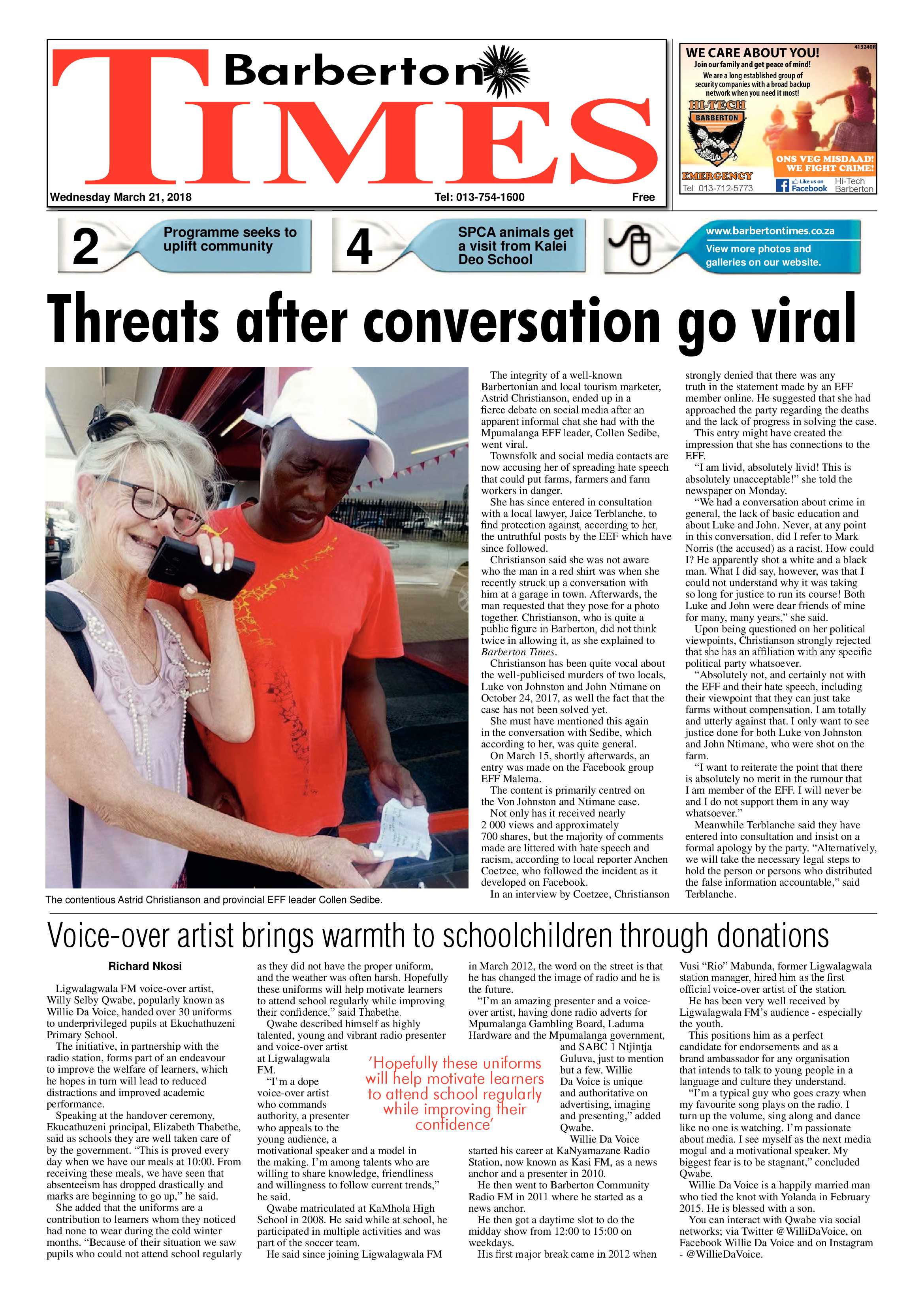 Barberton Times 21 March 2018 page 1