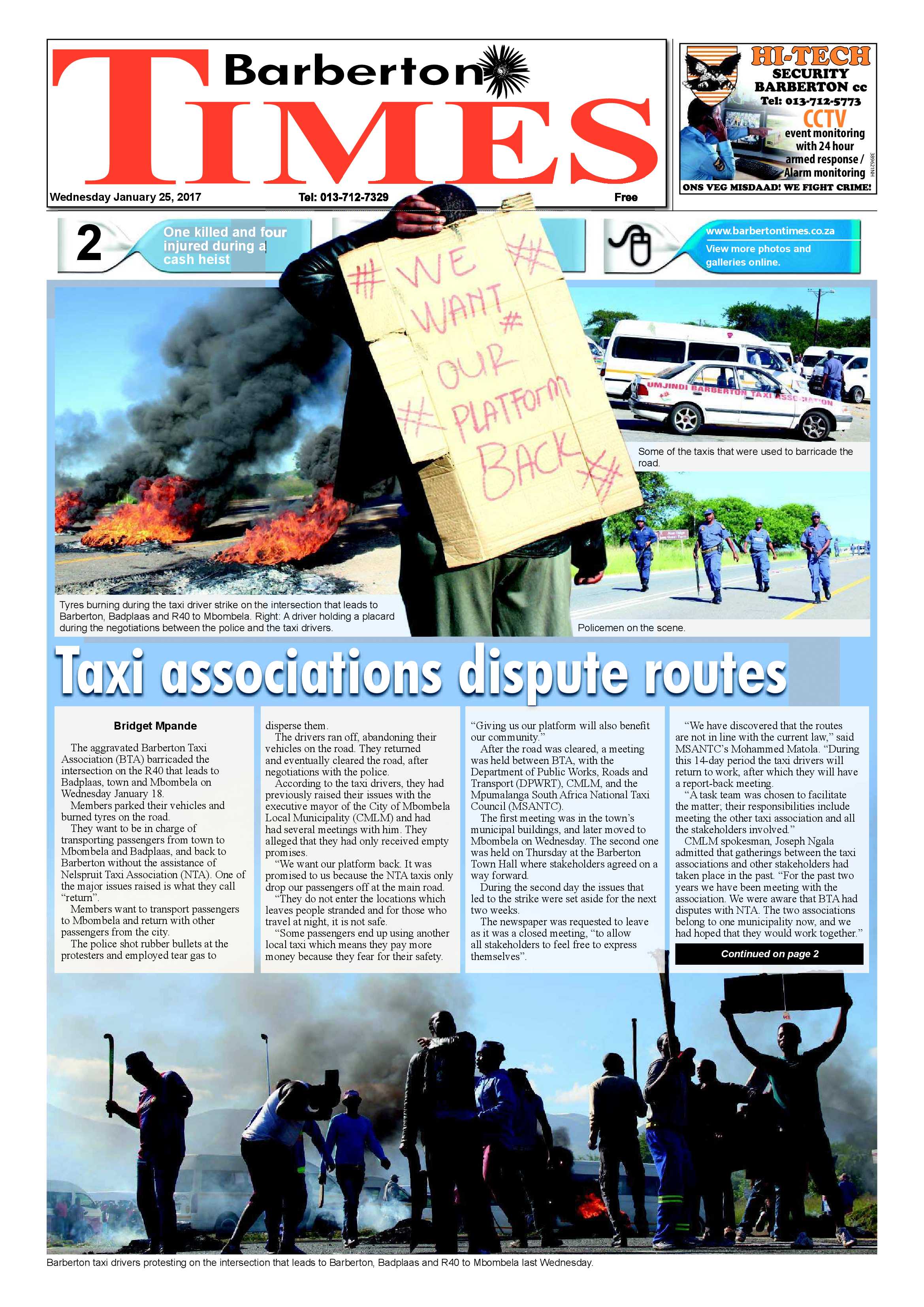 Barberton Times 25 January 2017 page 1