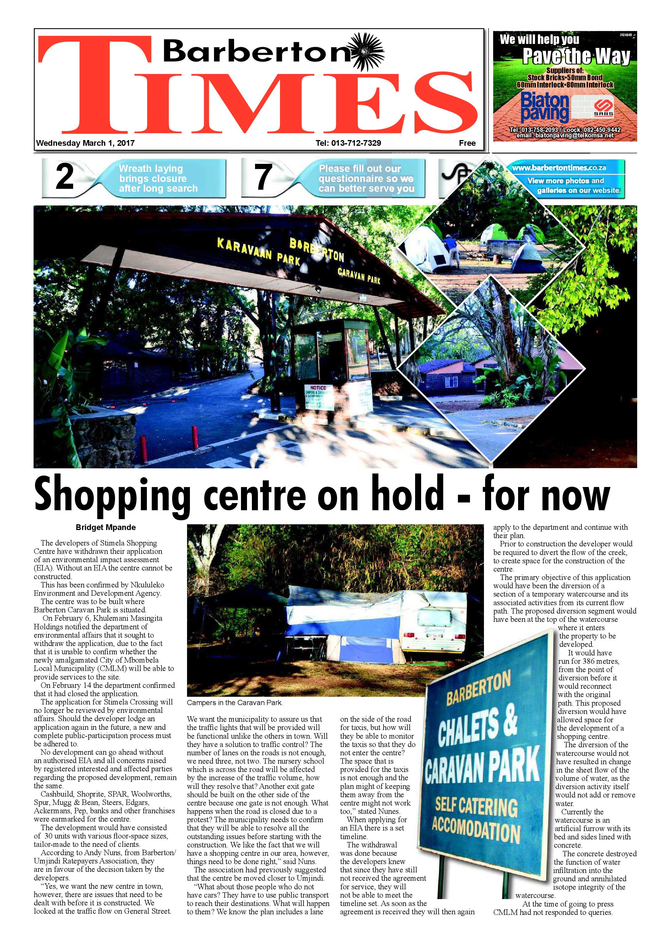 Barberton Times 1 March 2017 page 1