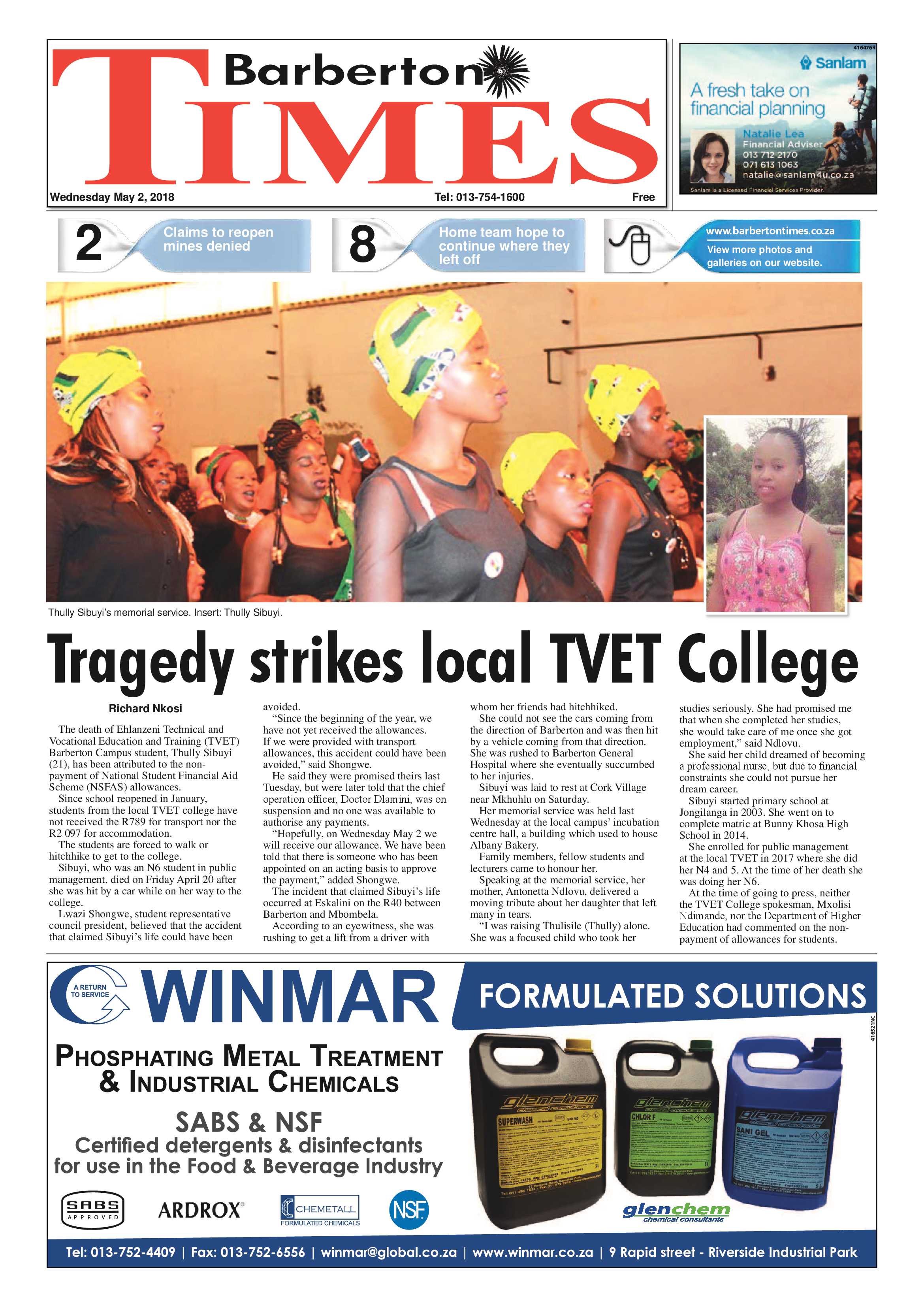 Barberton Times 2 May 2018 page 1
