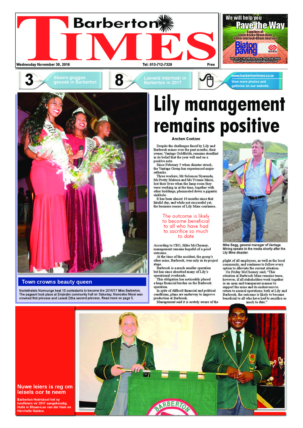 Barberton Times 30 November 2016 page 1