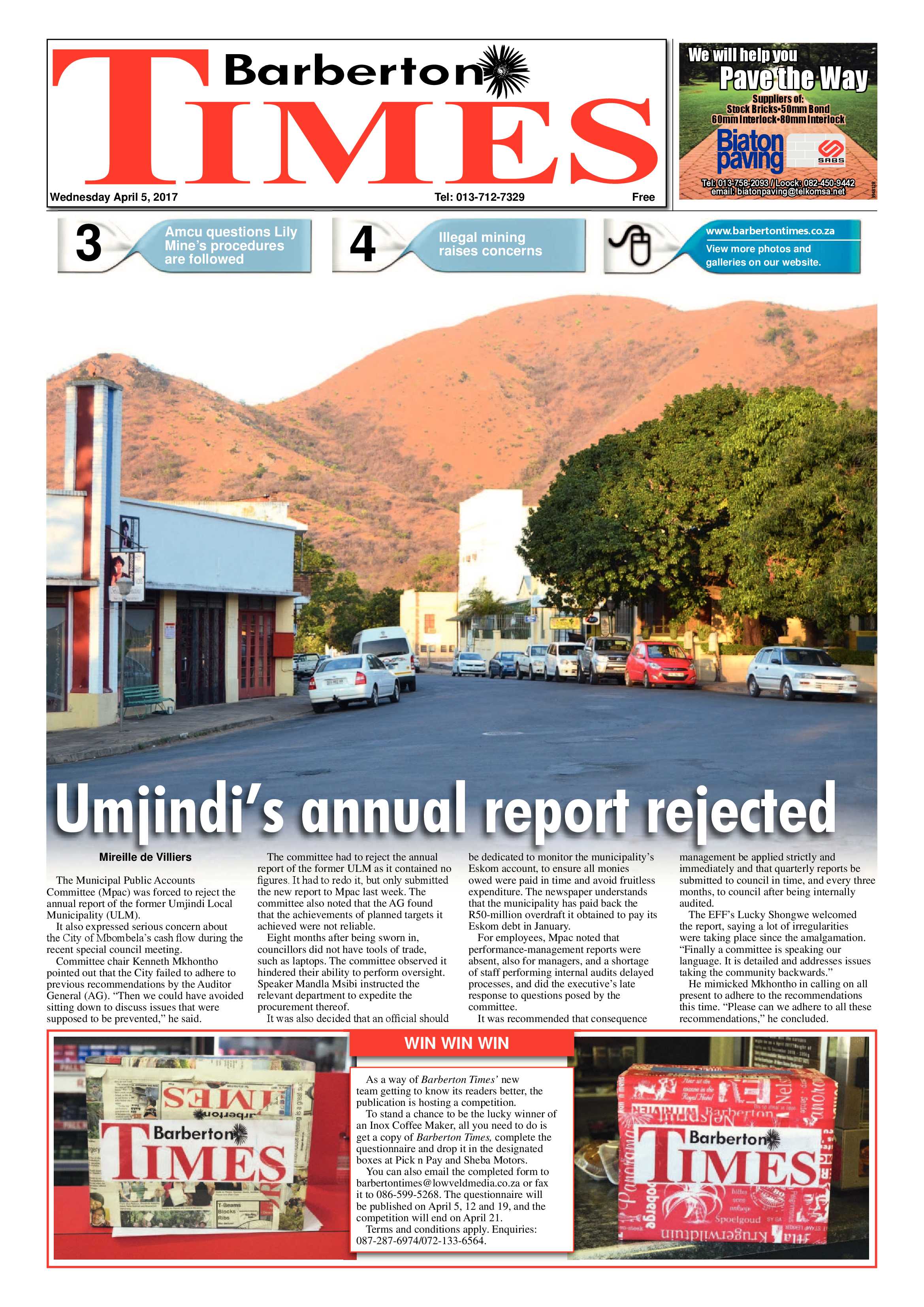 Barberton Times 5 April 2017 page 1