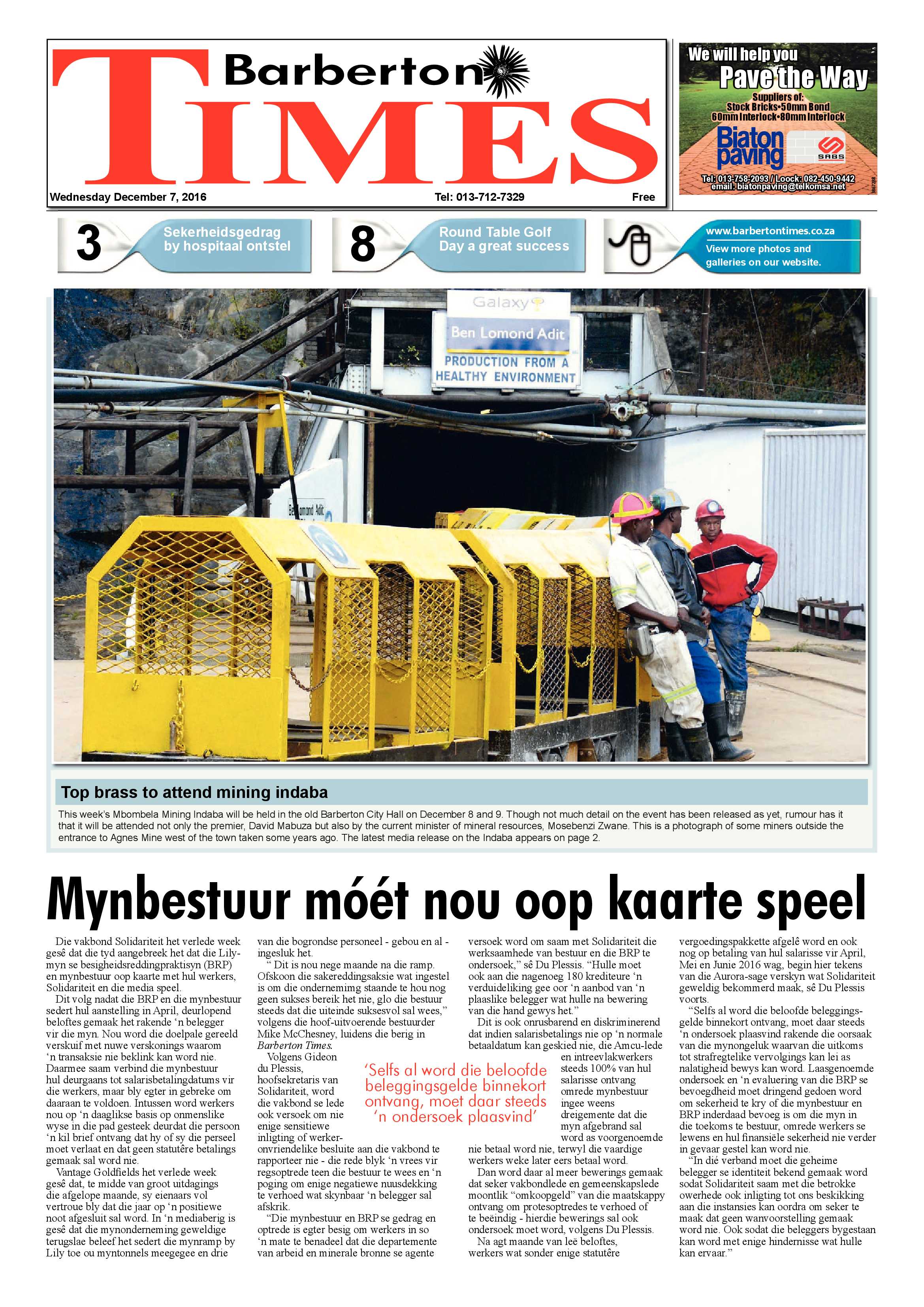 Barberton Times 7 December 2016 page 1