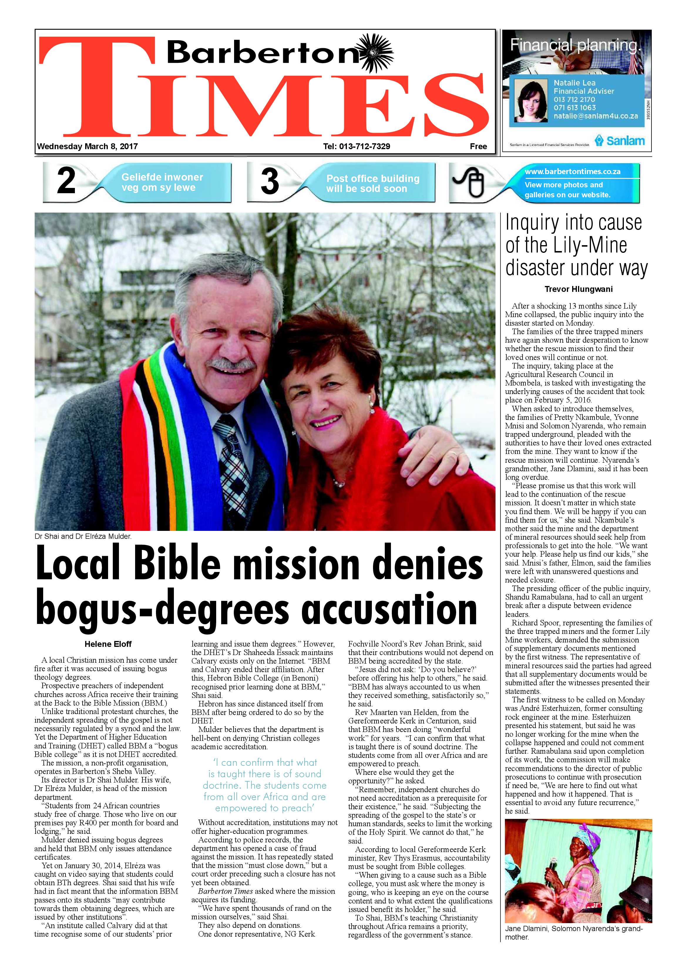 Barberton Times 8 March 2017 page 1