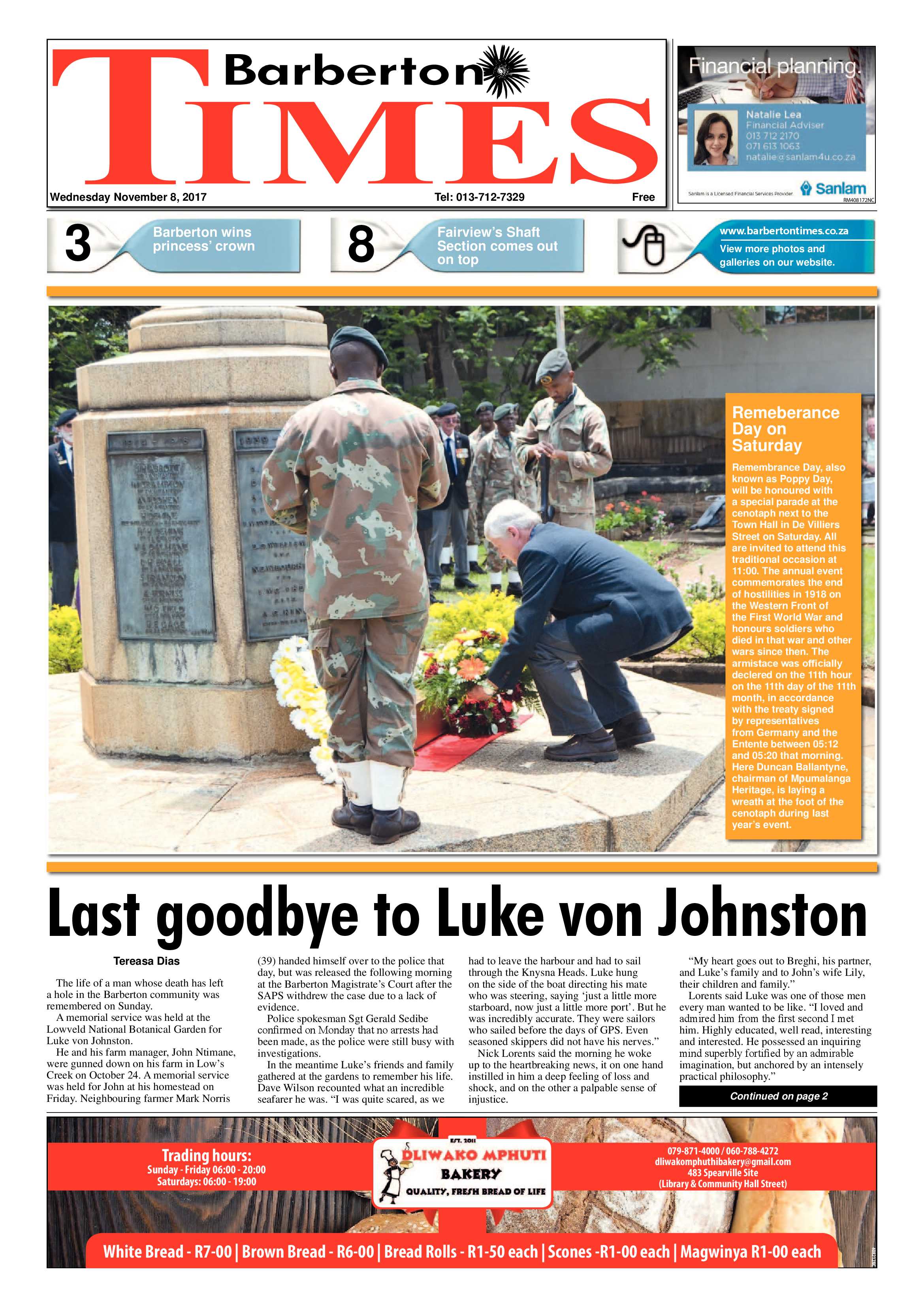Barberton Times 8 November 2017 page 1