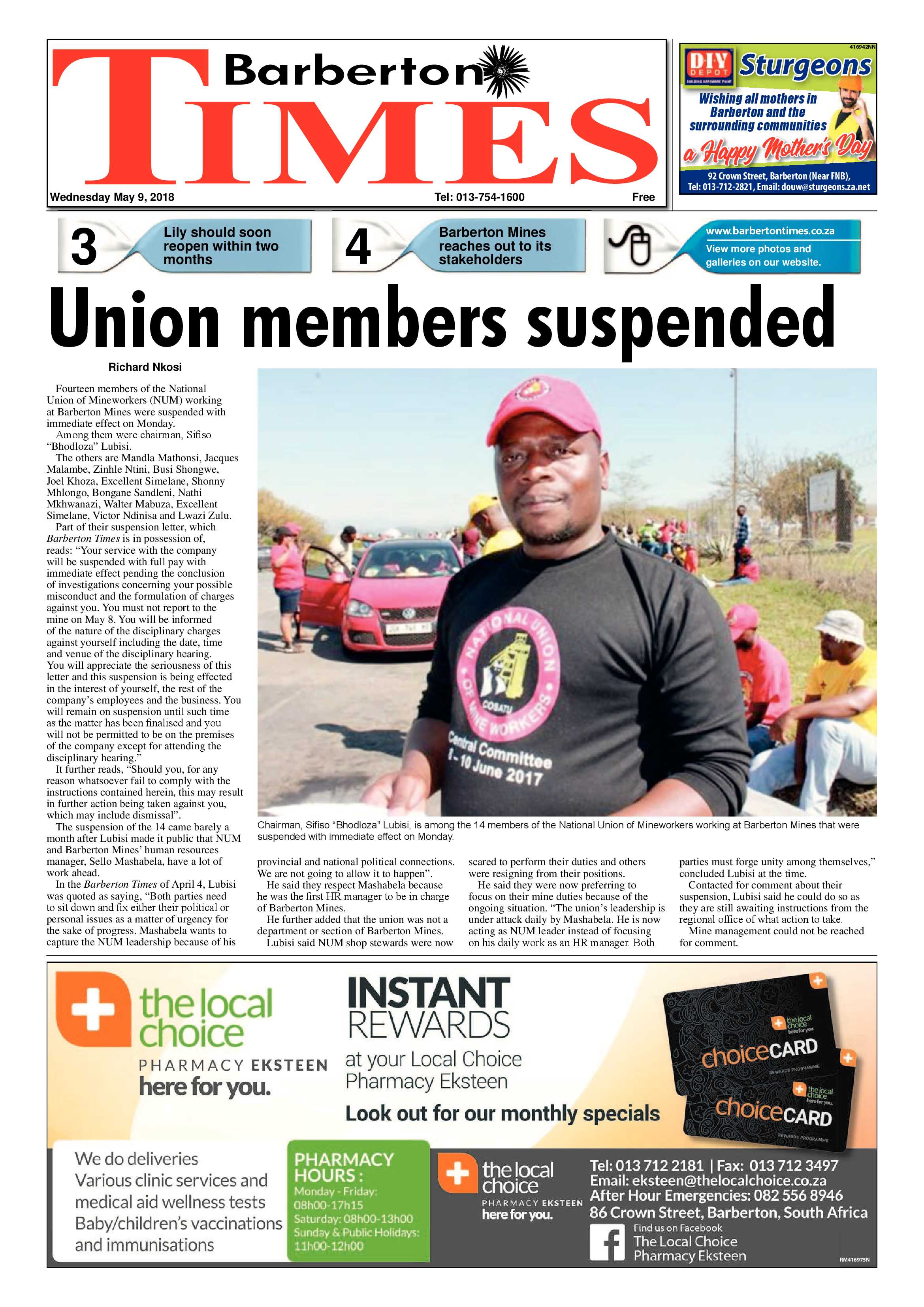 Barberton Times 9 May 2018 page 1